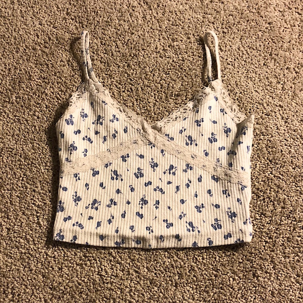 White crop top with blue flowers